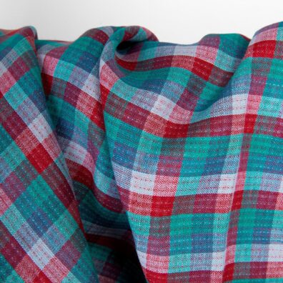 Lininis audinys dvipusis raudonų žalių mėlynų langelių, 150cm pločio