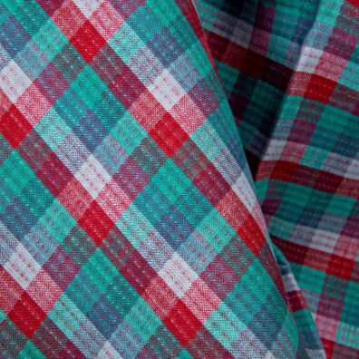 Lininis audinys dvipusis raudonų žalių mėlynų langelių