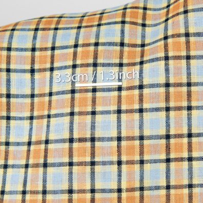 Lininis audinys oranžinių ir blyškiai melsvų langelių, su matmenimis