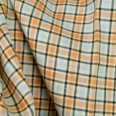 Lininis audinys oranžinių ir blyškiai melsvų langelių, 150cm pločio