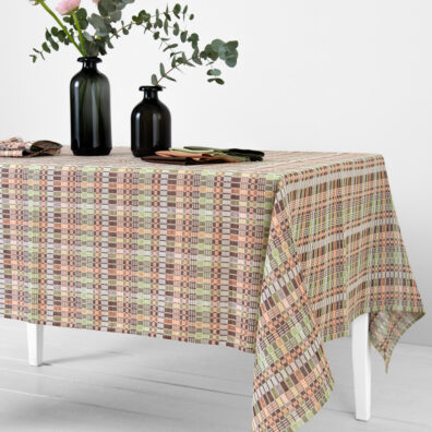 viola lino medvilnės rudai žaliai languota staltiesė, dobinio audimo