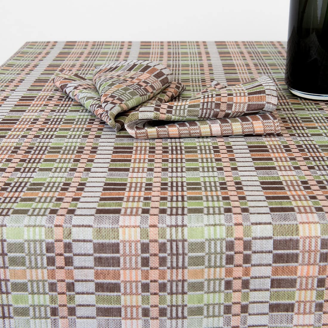 viola lino medvilnės rudai žaliai languota staltiesė, su derančiomis servetėlėmis