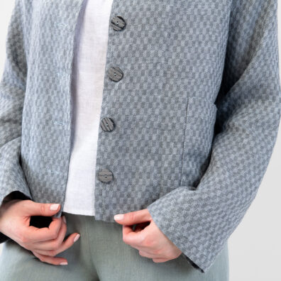 Lininis languotas pilkas švarkelis, laisvo silueto