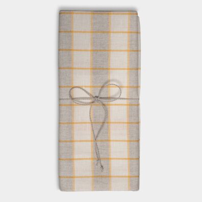 Lniano – bawełniany ręcznik kuchenny wytkany w biało - szaro - żółtą kratkę