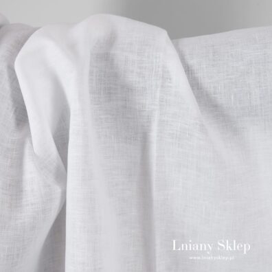 Lekka, gładko tkana, śnieżnobiała (biel optyczna) tkanina lniana.