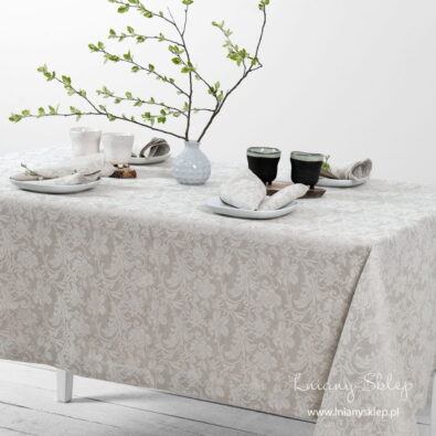 FLORA lniany szary żakardowy obrus w kwiaty.