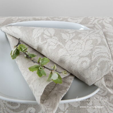 Lniano - bawełniana szara żakardowa serwetka bankietowa, wytkana w biały fantazyjny wzór kwiatowy