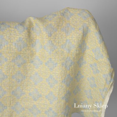 Żakardowa żółto-niebieska prana tkanina lniana.
