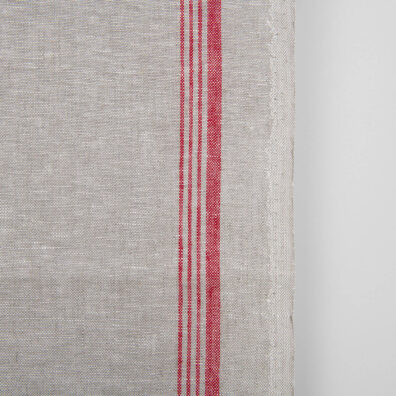 Jakościowa jasnoszara lniana tkanina przeznaczona na szycie ręczniczków kuchennych. Jeden z brzegów tkaniny zdobią wytkane czerwone paski.