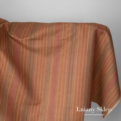 Brązowa w kolorowe paski tkanina lniano – bawełniana.