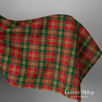 Tkanina w zieloną i czerwoną kratkę.