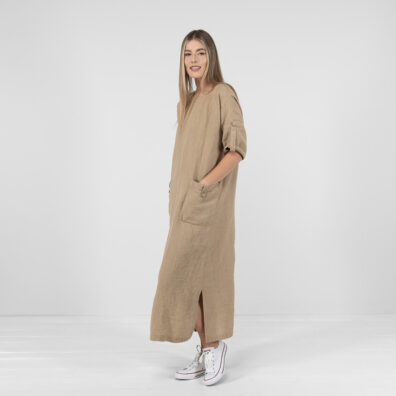 Piaskowa lniana sukienka