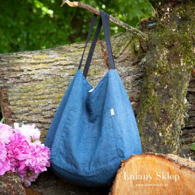 Dwustronna lniana torba niebiesko - szara