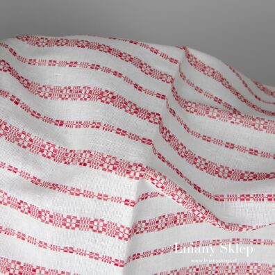 Śnieżnobiała w czerwone paski - szlaczki tkanina.