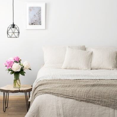 Pościel lniana szara w paski „Polo”.