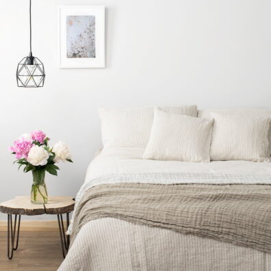 Pościel lniana szara w paski „Polo”.