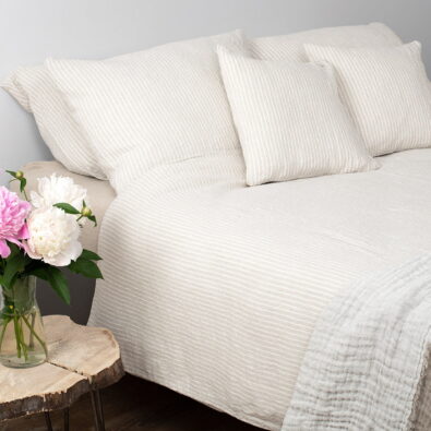 Pościel lniana szara w paski. Poszwa na kołdrę w paski.