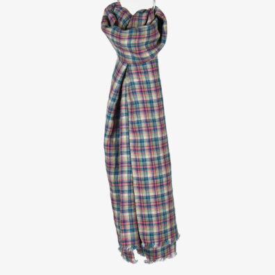 Lniany szalik w kratkę kolorową. Z frędzelkami.