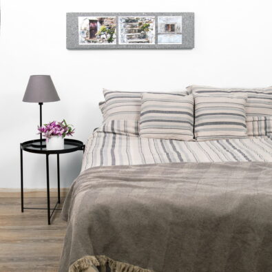 Pościel lniano - bawełniana w czarno – szare paski „Sówka".