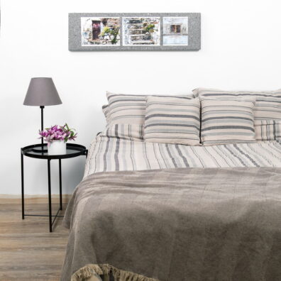 Pościel lniano - bawełniana w czarno – szare paski „Sówka".