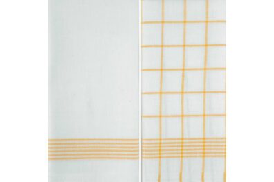 Dwie biało - żółte ściereczki kuchenne.