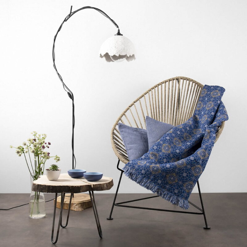 Żakardowy niebiesko-musztardowy dwustronny pled len bawelna.