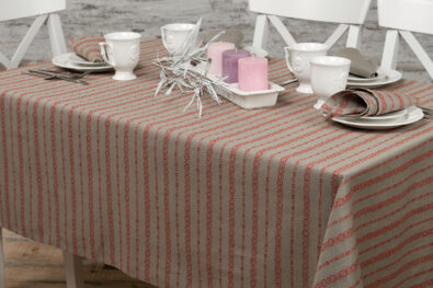 ORNA lniany szary obrus w czerwone ornamenty