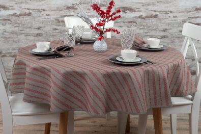 ORNA lniany szary okrągły (owalny) obrus w czerwone ornamenty