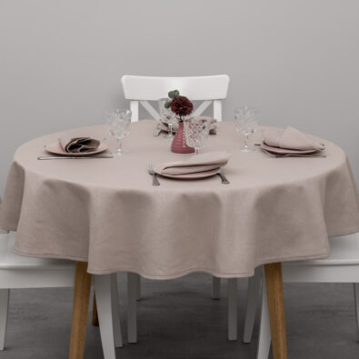 KOMA różowy, lekko szary, mereżkowany okrągły (owalny) obrus