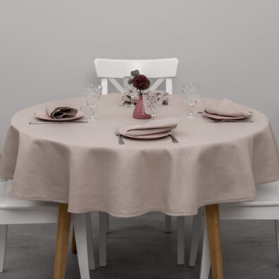 KOMA różowy, lekko szary, mereżkowany okrągły (owalny) obrus