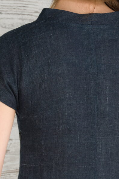 Lniana granatowa w jaśniejsze prążki suknia midi.