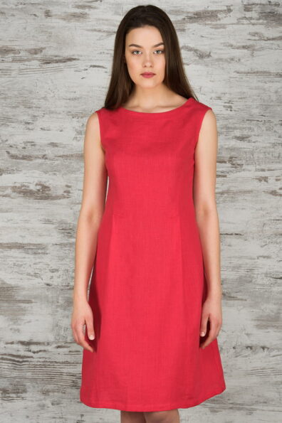 Lniana, długa za kolano malinowa sukienka.