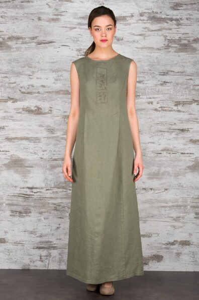 Lniana zielona haftowana maxi sukienka.