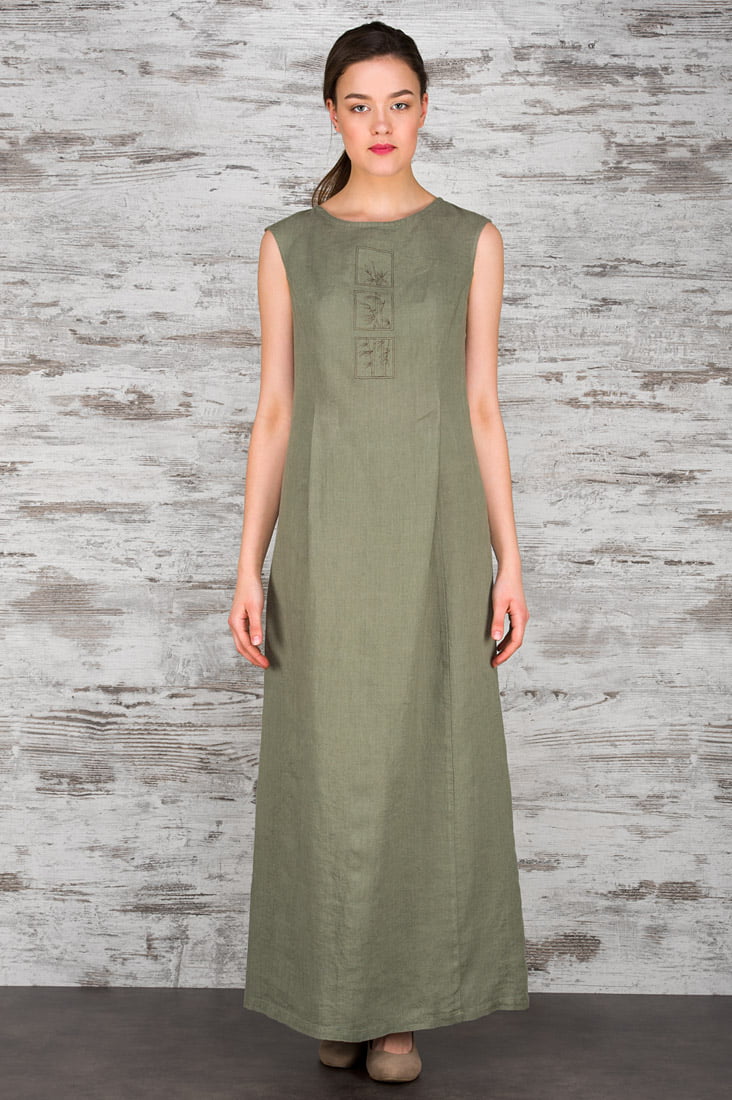 Lniana zielona haftowana maxi sukienka.