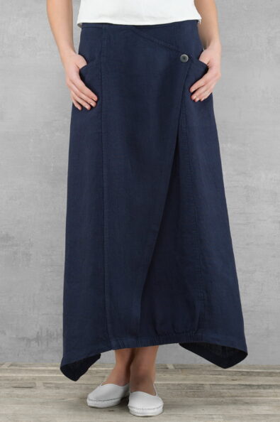 Lniana granatowa długa spódnica.