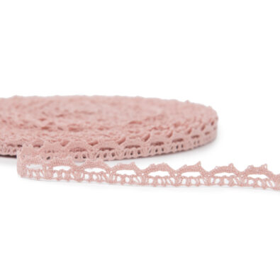 Wąziutka pastelowo różowa koronka lniana wytkana w subletny wzór. Szerokość 1,2cm. Niezbędna, gdy potrzebujesz malutkiego eleganckiego akcentu, aby produkt zalśnił nowym blaskiem.