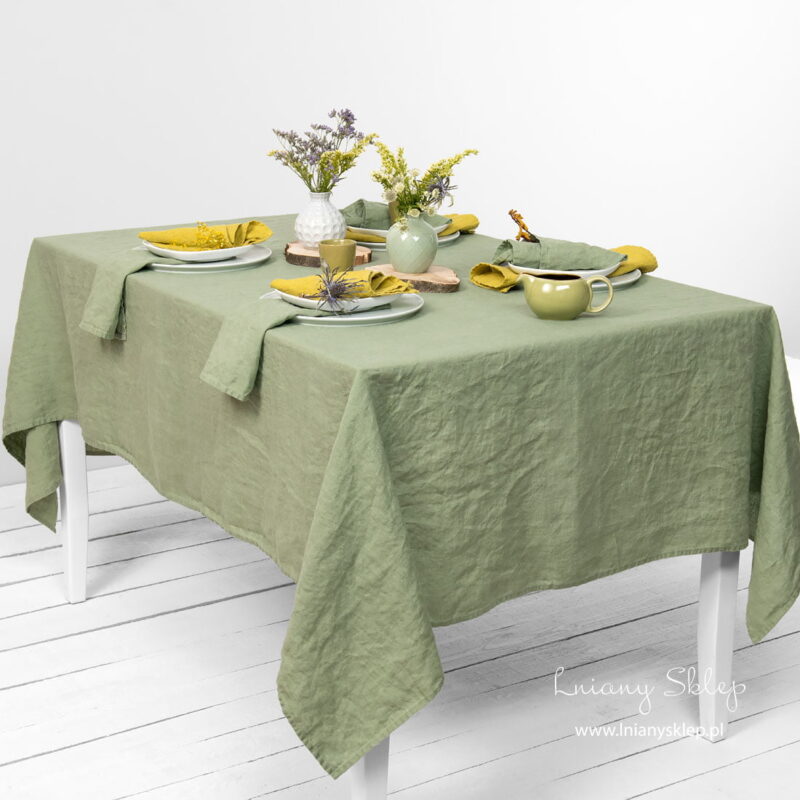 Obrus zielona oliwka prany len.