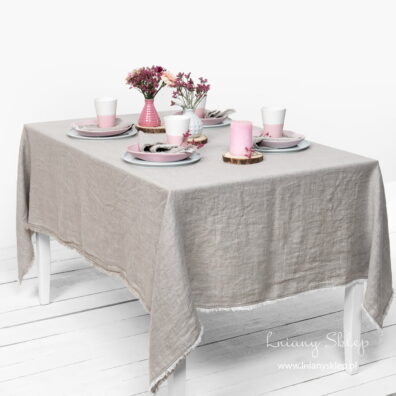 Jasnoszary z frędzelkami obrus prany len.