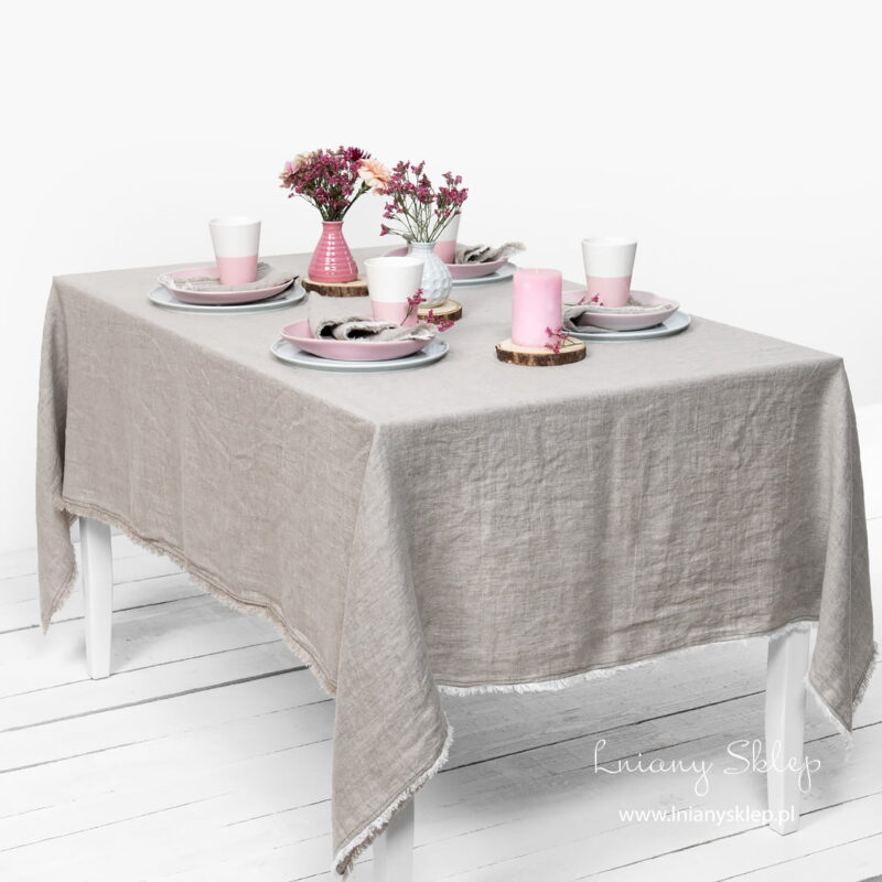 Jasnoszary z frędzelkami obrus prany len.