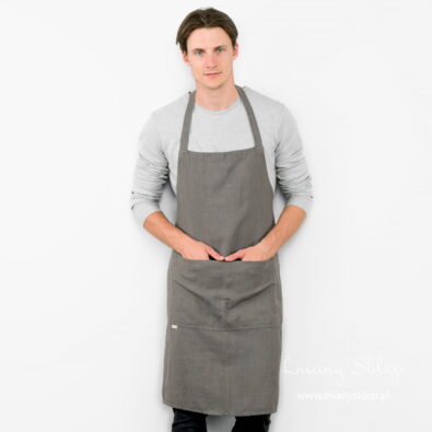 Lniany ciemny szary fartuch splot jodełkowy.