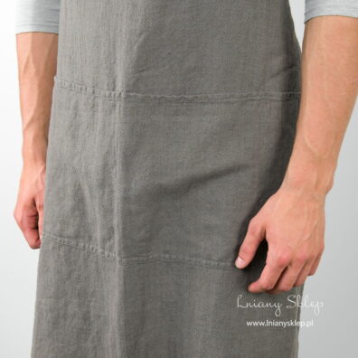 Lniany ciemny szary fartuch. Duża kieszeń.