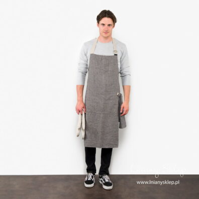Lniany fartuch w czarną i szarą krateczkę. Prany len.