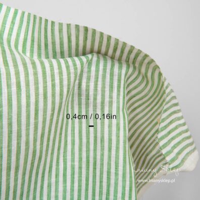 Lniana tkanina w białe i zielone paski. Wymiary pasków.