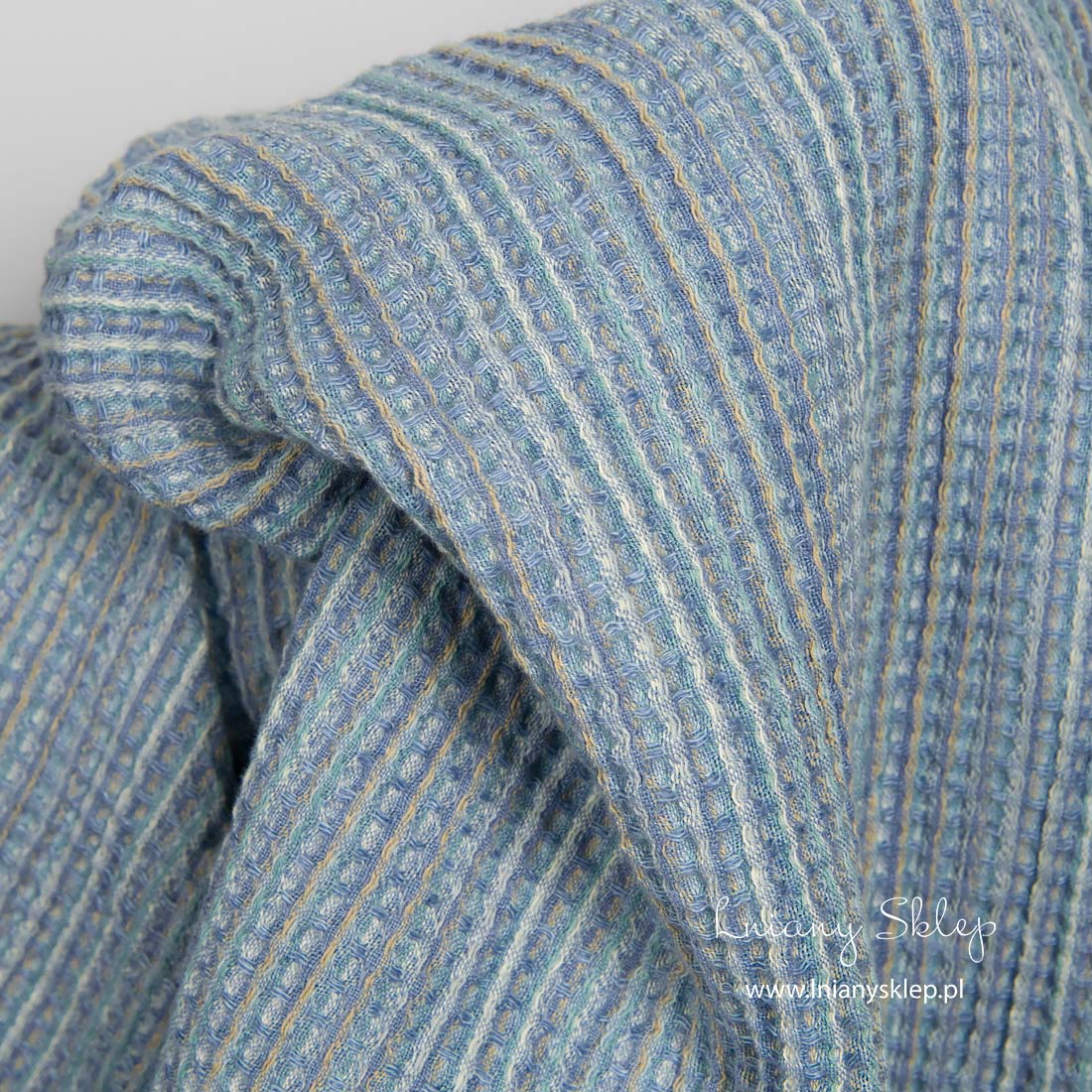 Lniano - bawełniana tkanina prana niebieska splot waflowy. Lniany Sklep.