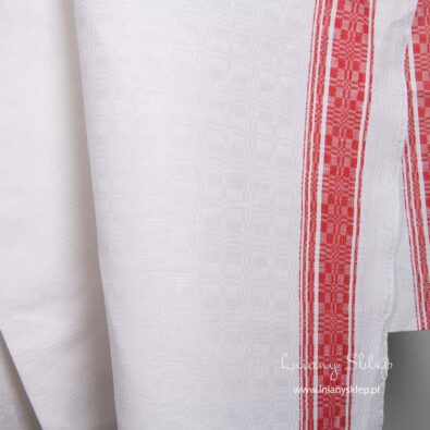 Lniano - bawełniana tkanina biała ozdobne brzegi.