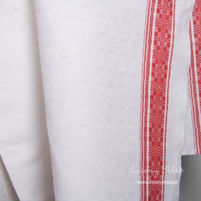 Lniano - bawełniana tkanina biała ozdobne brzegi.