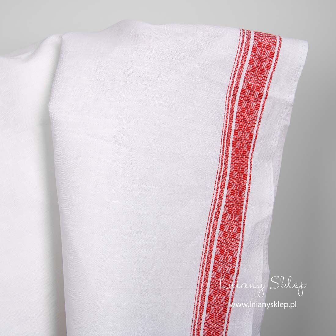 Lniano - bawełniana tkanina biała ozdobne brzegi. Lniany Sklep.