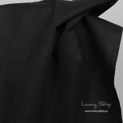 Lniano - bawełniana tkanina czarny splot jodełkowy. Lniany Sklep.