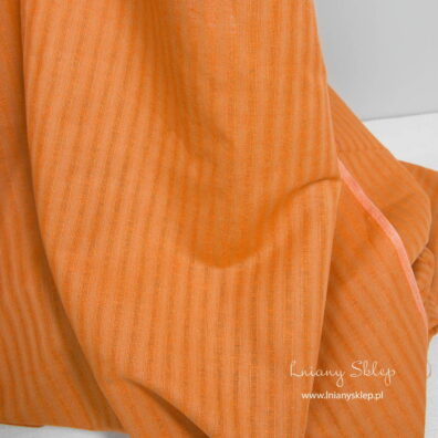 Lniano - bawełniana tkanina pomarańczowa w ażurowe paski. Lniany Sklep.