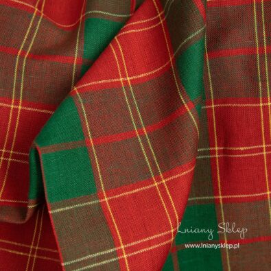 Lniano bawełniana tkanina kratka czerwona i zielona.